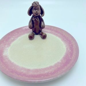 Donna Burton Hand Made Bunny Plate Pink w Brown Bunny